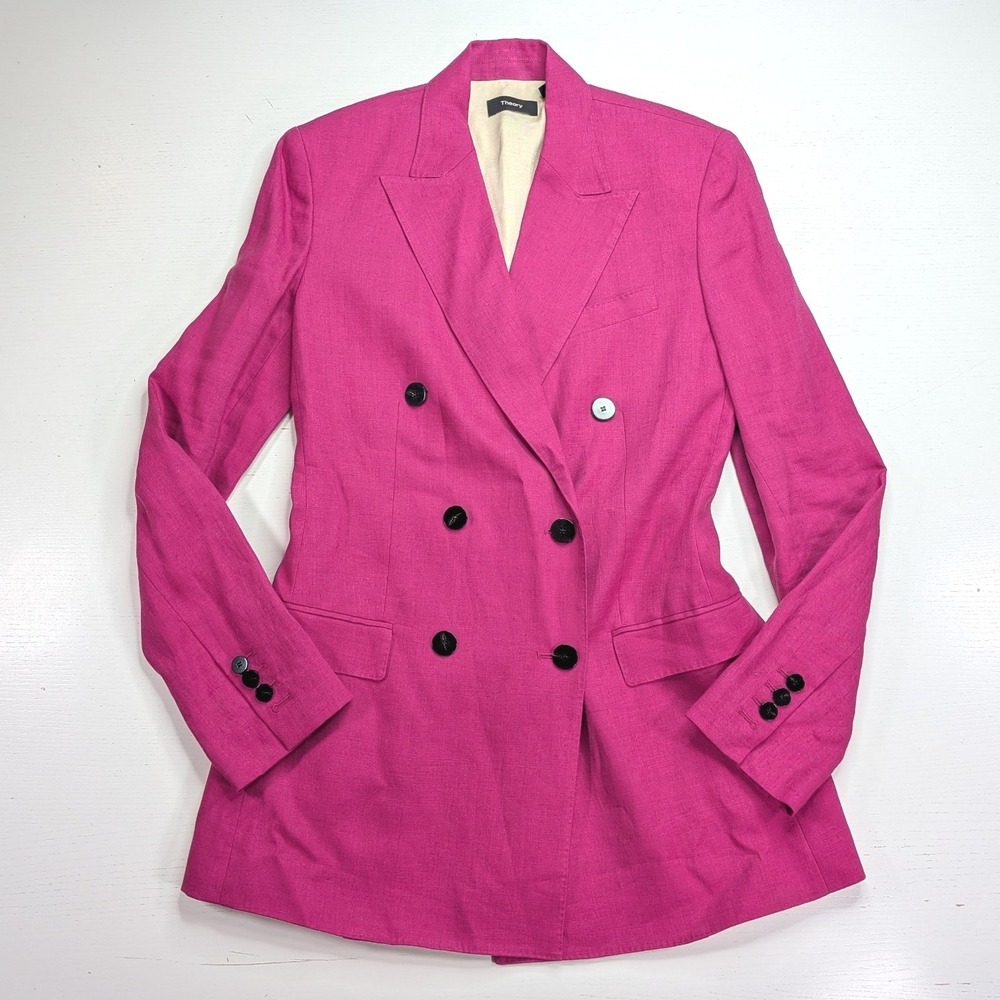 Theory DB Tailor Pure Linen Blazer Womens 2 Fuchsia Pink Double Breasted